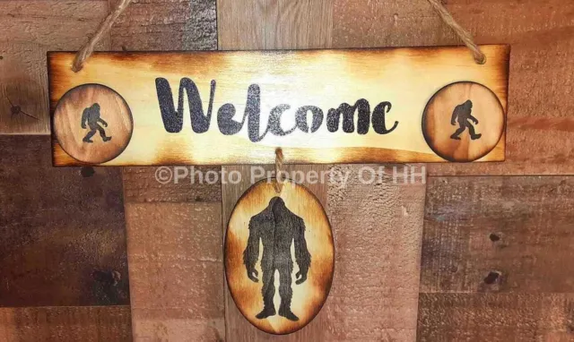 Sasquatch Bigfoot WELCOME Sign Primitive Rustic Wooden Bigfoot Sign Windchimes