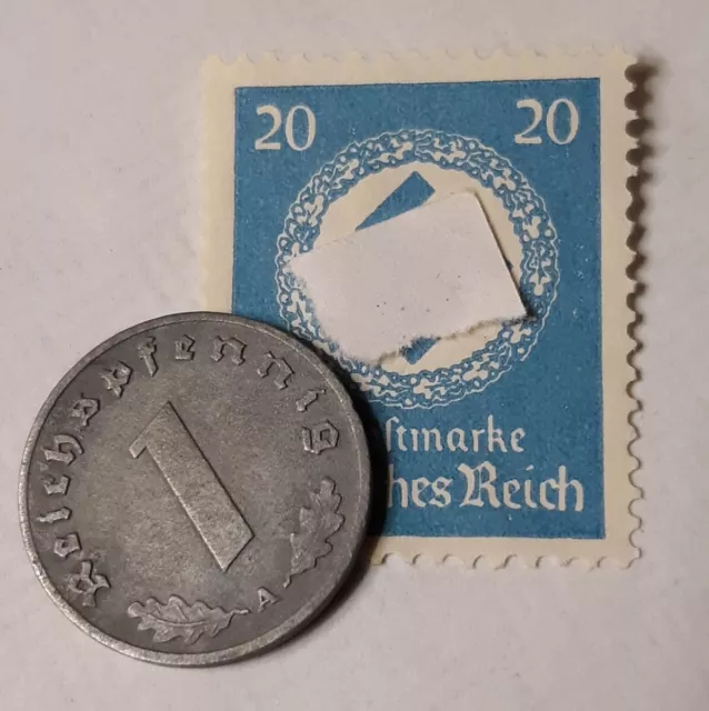 One 1940-A 1 Reichspfennig Penny , + WW2 German Blue Unused Stamp
