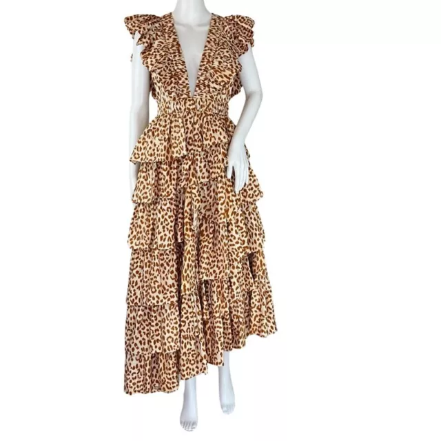 Ulla Johnson Women's Viola Asymmetric Ruffled Cheetah Dress Brown Sz 2