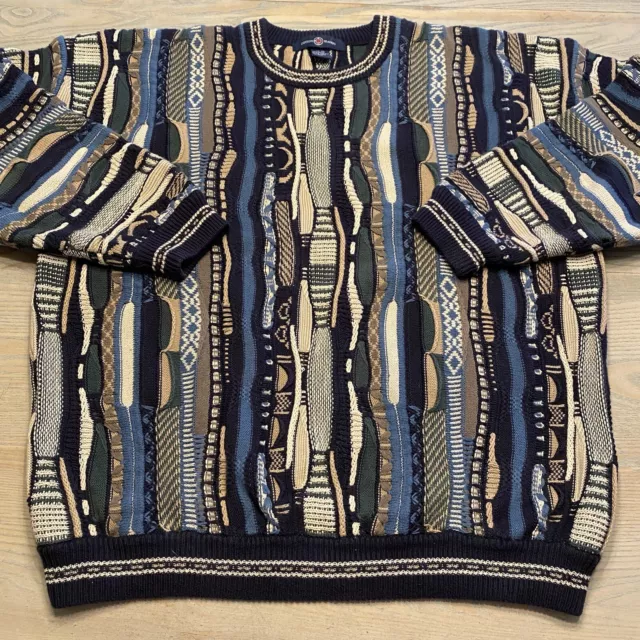 Vintage Cotton Traders 3D Textured Sweater Mens XL Beige Blue Green Coogi Style