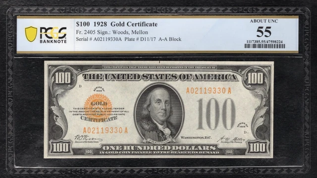 Fr. 2405 1928 $100 Gold Certificate Note Pcgs Banknote About Uncirculated-55