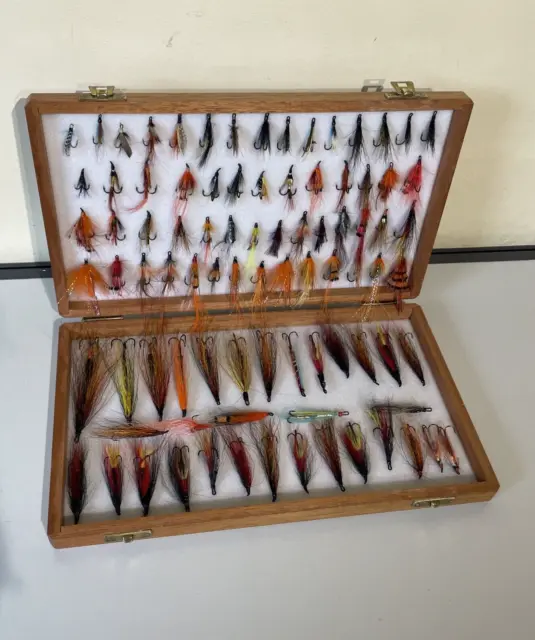 Richard Wheatley Large Single Wooden Fly Box With 87 Salmon Flies