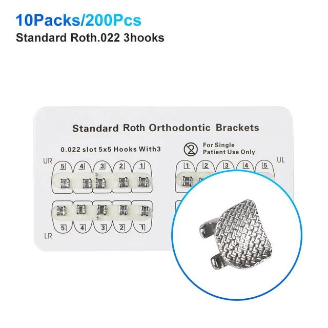 Metal Dental Brackets Orthodontic 10Packs/200Pcs Standard Roth.022/018