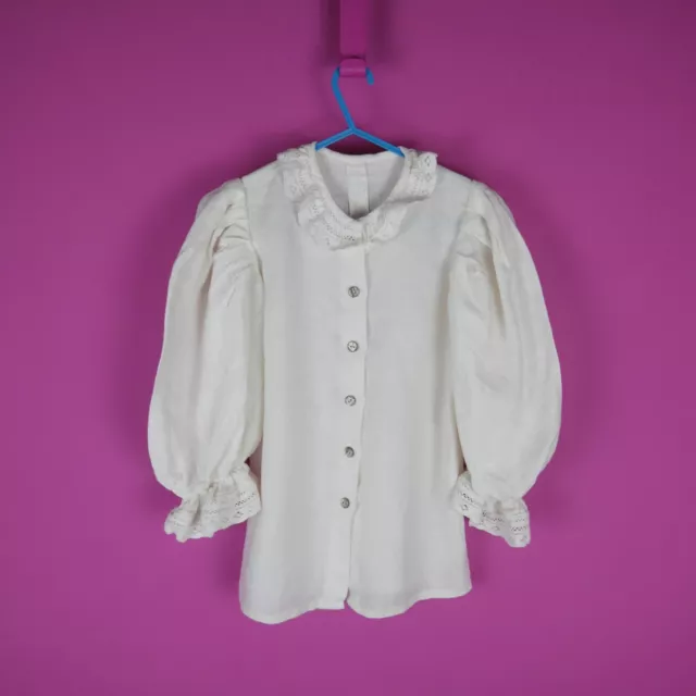 Camicia VINTAGE RAGAZZA BIANCA PRAIRIE PASTELLO ANNI '90 ricamata all'uncinetto età 7 8