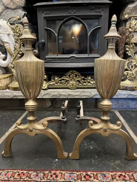 Antique Pair Brass Urn Fireplace Andirons 19th Cent Elegant Finial