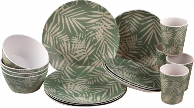 16Pc Melamine Dinner Set Green Plates Bowls Cup Camping Fishing Outdoor Crockery