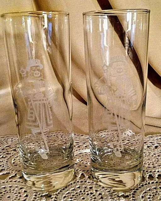 Beefeater Gin Glass Set 2 Tall Thin Barware Yeoman Logo Etched Weighted Base.