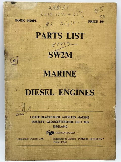Original Parts Lister Marine Diesel Engines SW2M 1969 Book