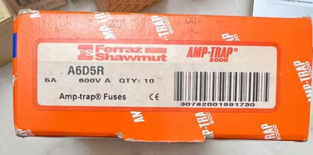 New LOT OF (10) Amp-Trap Ferraz Shawmut Fuse A6D5R 600V 5A NIB