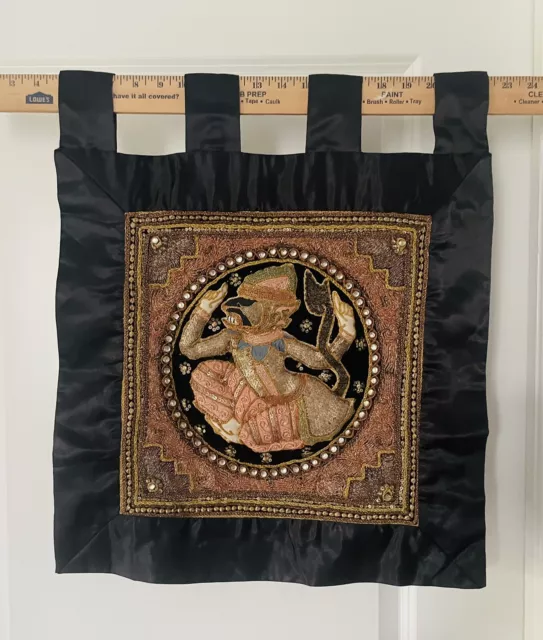 Vintage Thai Burmese Kalaga Embroidery Beaded glass Jeweled Wall Silk Tapestry