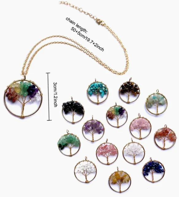 7 Stone Healing Tree of Life Chakra Gold Pendant Amulet Necklace Free Gift Bag