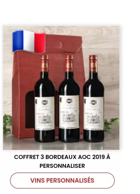 Vin de Bordeaux a personnalisé coffret 3 bouteille AOC 2019 etiquette a editer
