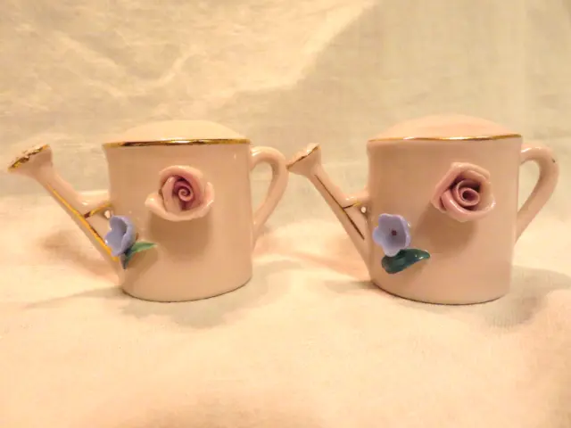 Vintage Japan Gold Trim Watering Can Salt & Pepper Shakers with Applied Flowers