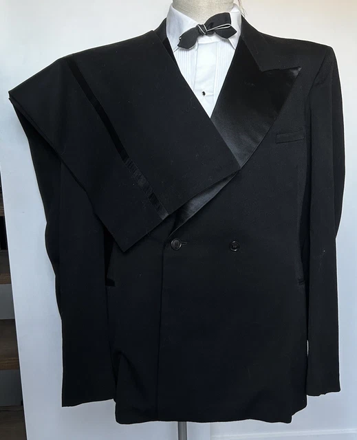 Tuta da smoking nera da uomo anni '30 risvolto db picco vintage su misura svedese lunga 42 L