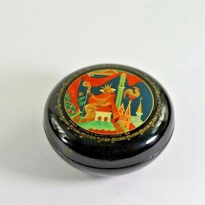 Vintage USSR Period Russian Black Lacquer Round Trinket Box