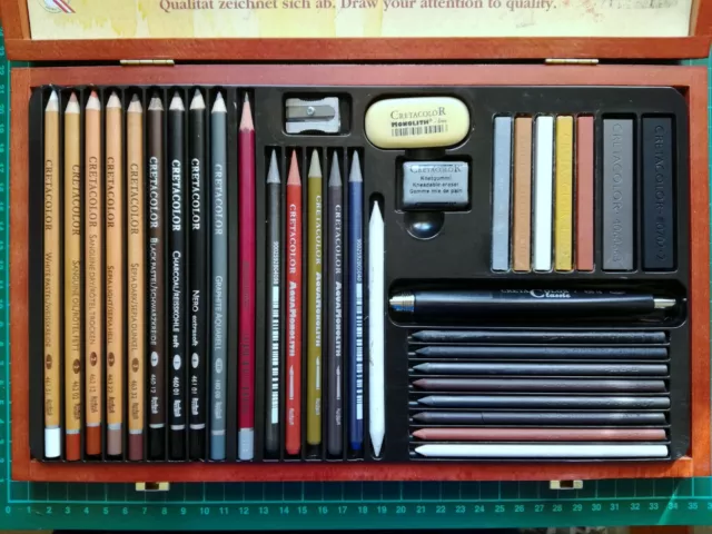 CRETACOLOR caja madera 36 piezas grafito lápices color pastel acuarela carbón...