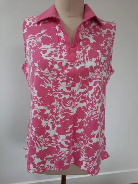 VTG Basic Editions Sleeveless Collared Shirt Top Polo Size L Pink White Floral