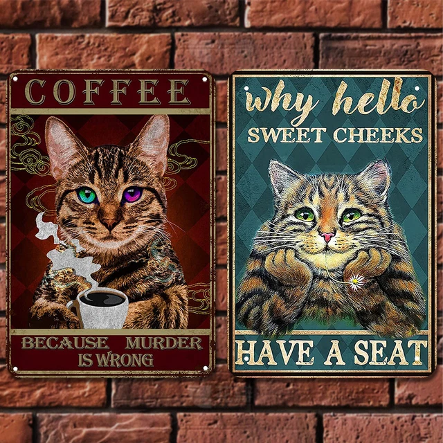 2Pcs Vintage Metal Plate Cat Rectangular Iron Painting Wall Art Home Bar Decor