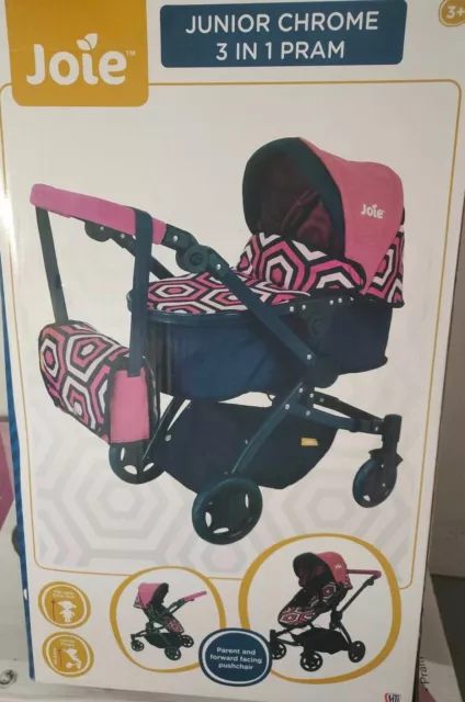 Joie junior chrome 3 in 1 Pram Geo Pink design with changing bag Dolls pushchair