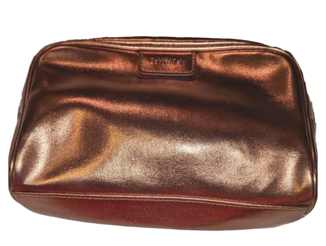 Calvin Klein Cosmetic Travel Bag Metallic Gold Clutch Bronze Zip Lined Makeup