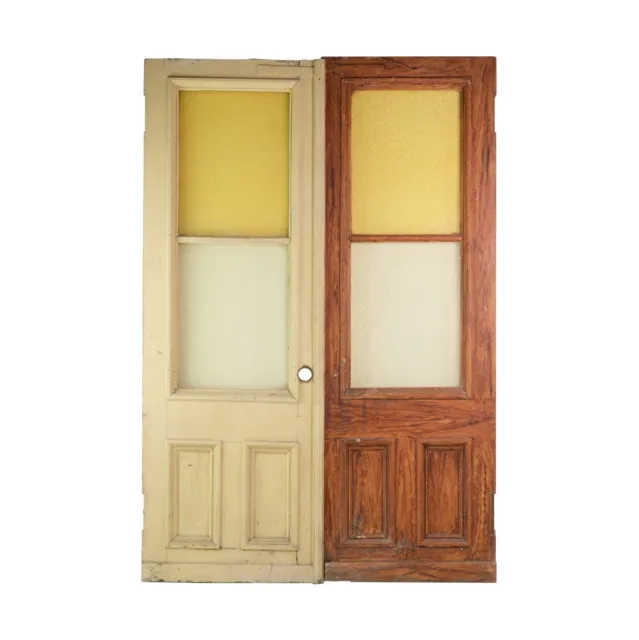 Reclaimed Yellow Stained Glass Wood Double Doors 86 x 60