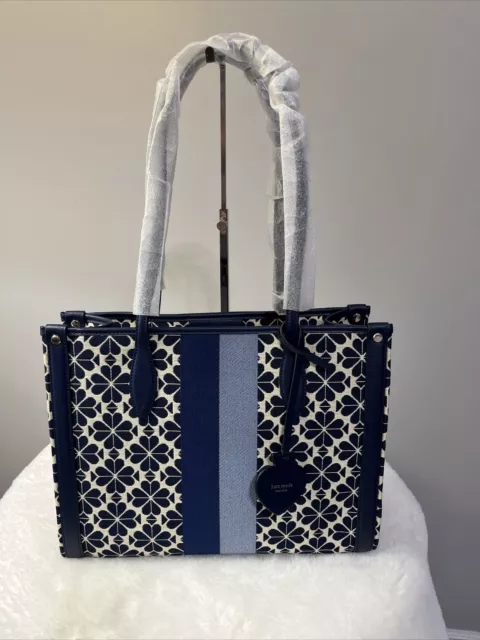 New Kate Spade Flower Jacquard Stripe Market Medium Tote Blue Multi