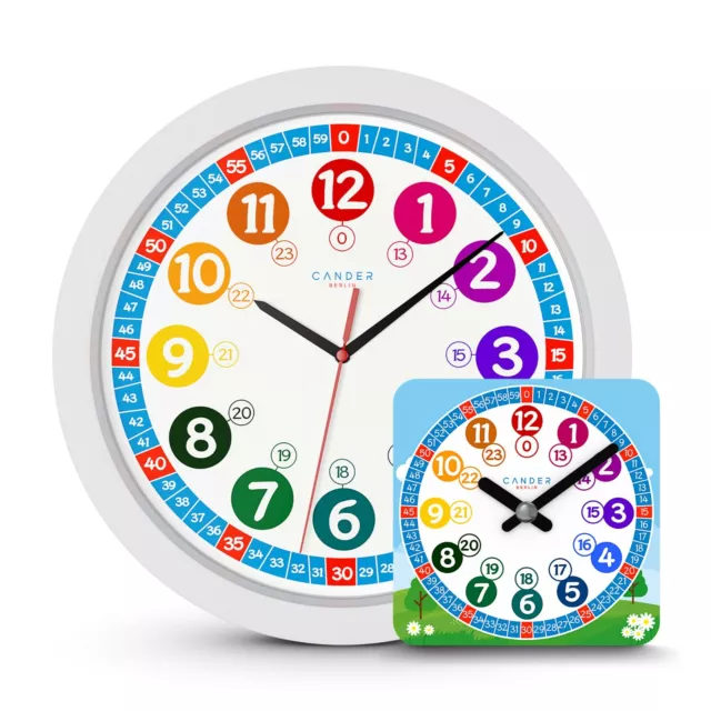Cander Berlin MNU 1030 Kinderwanduhr 30,5 cm Kinderzimmer lautlos mit Lernuhr