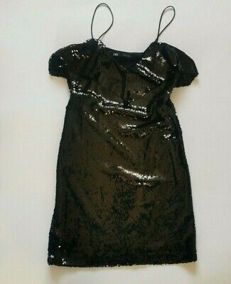 Zara Women's Ladies Black Sequin Party Mini Dress With Ruffle Size S ( Uk 6 )