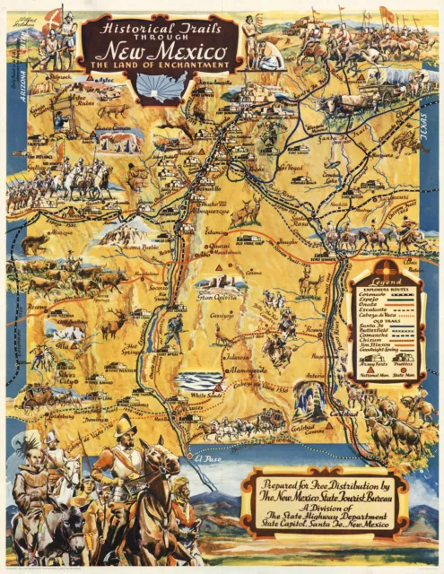 Early Pictorial Map Historical Trails Through New Mexico Wall Art Poster Vintage