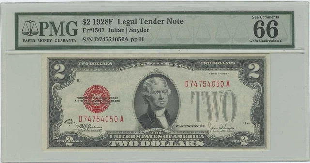 1928F $2 Legal Tender Note FR#1507 PMG 66 EPQ Gem Unc