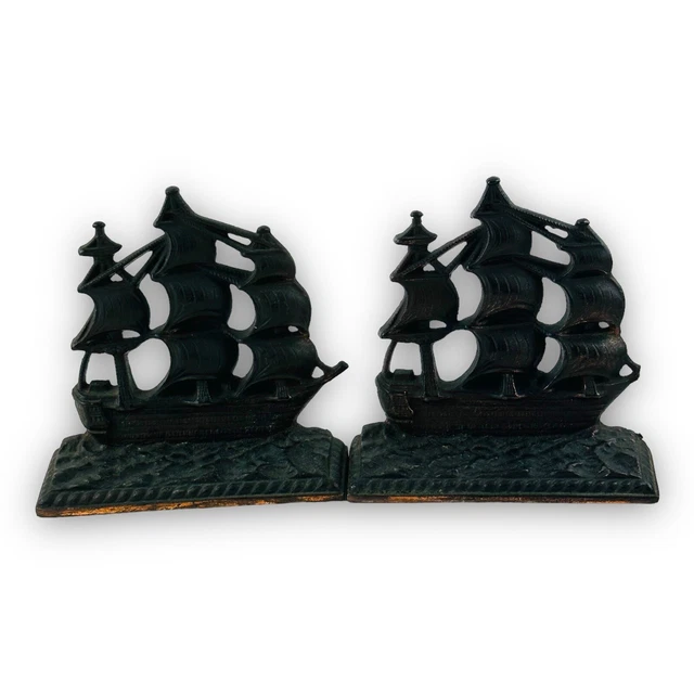 Pair Vintage Cast Iron Galleon Sailing Ship Book End /Door Stop Schooner 5” Tall