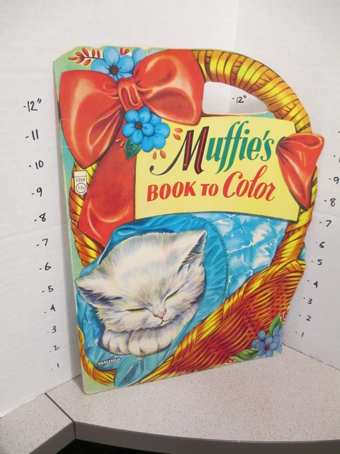 MUFFIES kittens in basket 1957 cats coloring book unused Saalfield 24p die cut