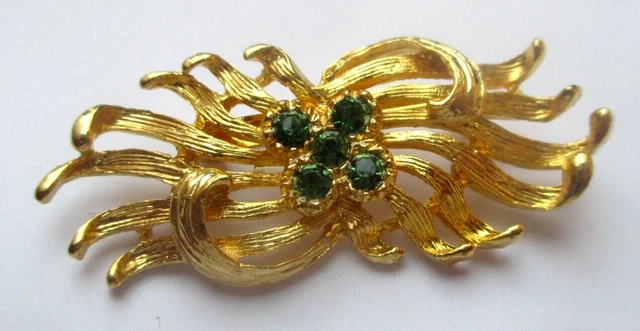 Broche Vintage Or Et Cristaux Avec Cabochon Émeraude - Bijou Ancien Parfait | Accessoire Élégant Femme