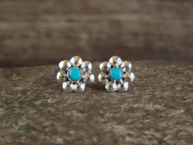 Zuni Indian Sterling Silver Turquoise Flower Post Earrings by Yatsattie