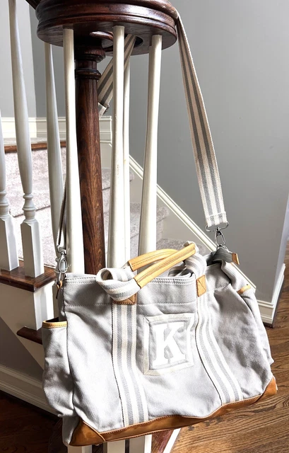 Pottery Barn Kids Classic Diaper Bag Gray Canvas Leather duffle K monogram
