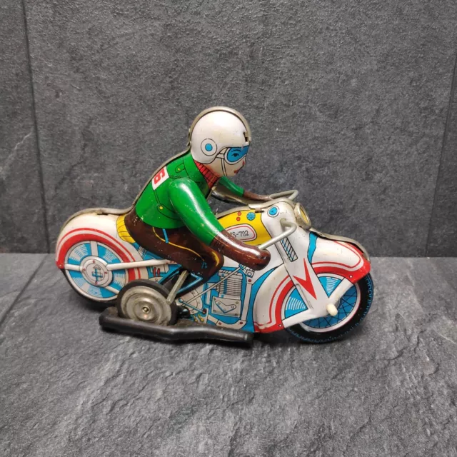 Vintage China Blechspielzeug Motorrad Ms-702 Tin Toy Motorcycle Mechanisch