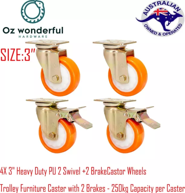 4X 3" Heavy Duty PU Swivel Castor Wheels 800KG Trolley Furniture Caster 2 Brake