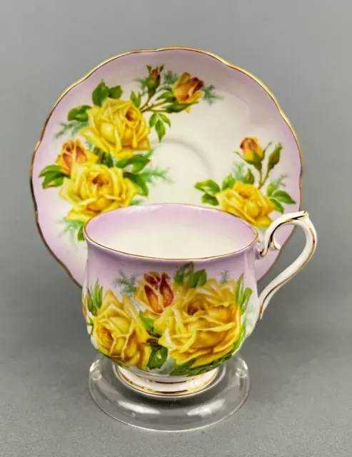 Royal Albert Yellow Tea Rose on Purple Hampton Shape Tea Cup & Saucer Gold Trim