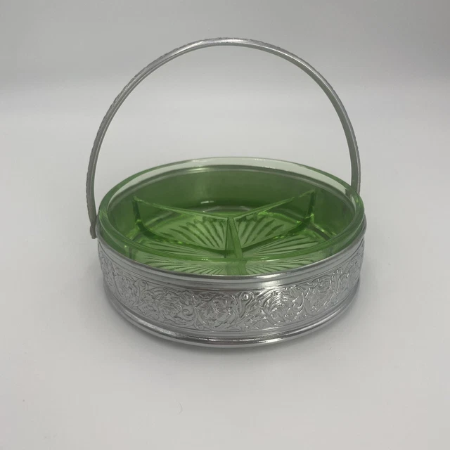 GREEN DEPRESSION GLASS Triple Divided RelishNutCandy Dish with Metal