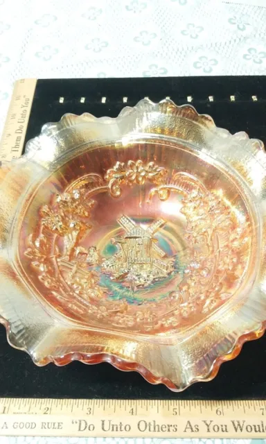 Vintage Marigold Carnival Glass Ruffled Edge Bowl Windmill Pattern