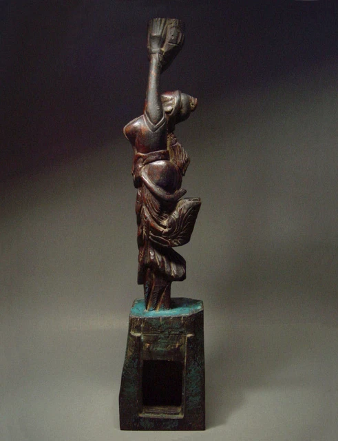 ANTIQUE BURMESE WOOD-CARVED FEMALE SHAMAN ARCHITECTURAL ELEMENT, MYANMAR 19th C