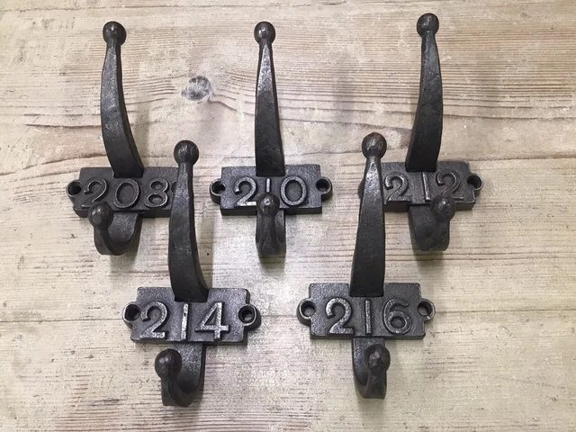 Original 5 Antique Reclaimed Iron School Coat Hooks Old Industrial Metal Vintage