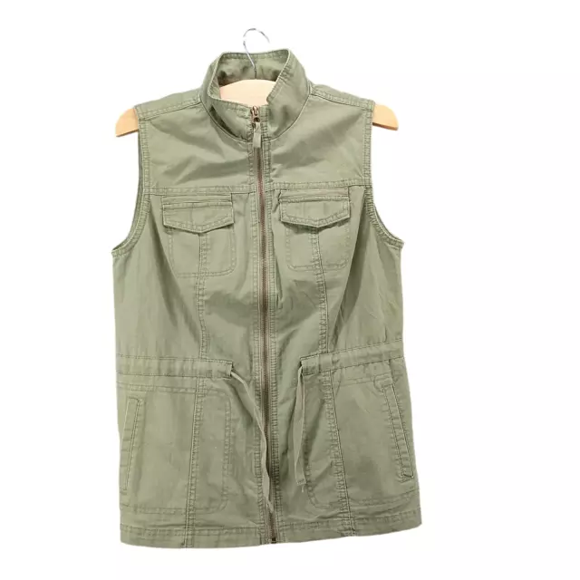 Merona Women's Full Zip Utility Vest Green XS Solid Sleeveless Drawstring Waist