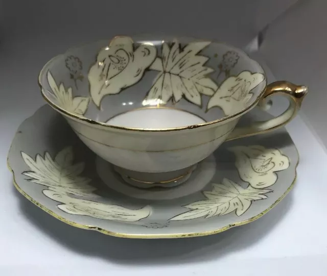 UCAGCO China Gray & Cream Leaves Floral Teacup & Saucer Plate Made in Japan