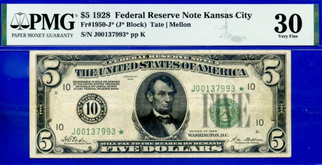 Near TOP POP - 1928 $5 FRN (( 3rd Finest - Kansas City STAR )) PMG 30 # 37993*-