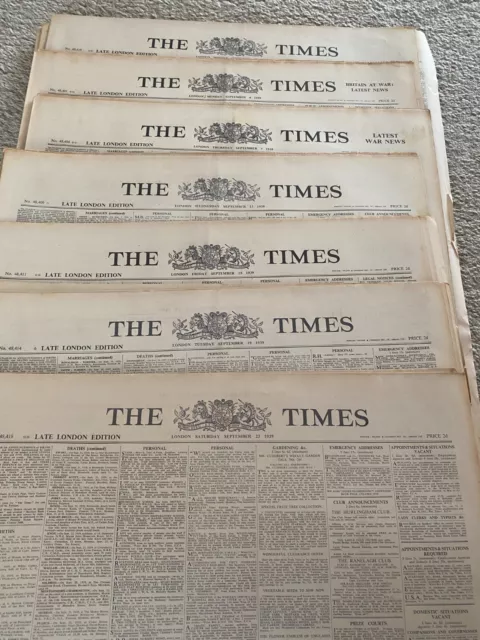 The Times Newspaper 13th 15th 16th 18th 19th OR 20th September 1939 ORIGINAL