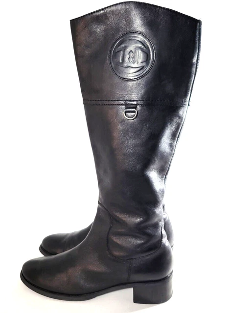 Etienne Aigner Boots Women's 9 Black Leather Riding Block Heel Knee High Zipper