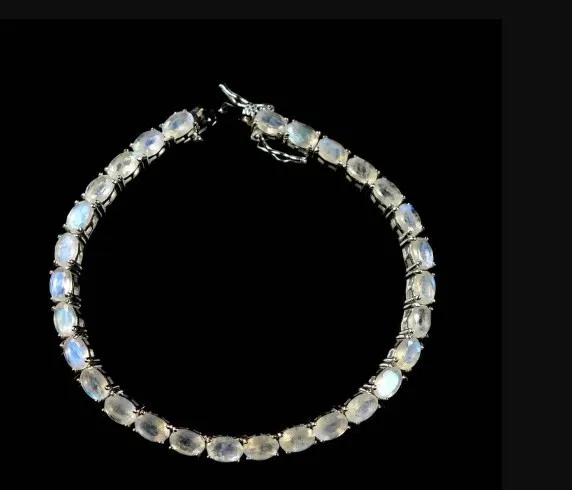 925 Sterling Silver Natural Rainbow Oval Moonstone Tennis Bracelet Gift Jewelry