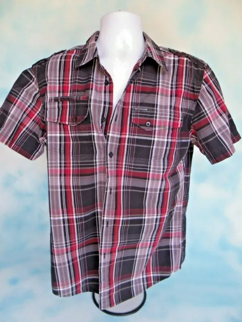 Ecko Unltd. Men's Button Front Shirt Red Black Plaid 100% Cotton Size Large