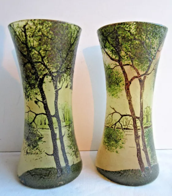 2 petits vases rares LEGRAS, grands arbres, voiliers, paysage lacustre: H 14 cm